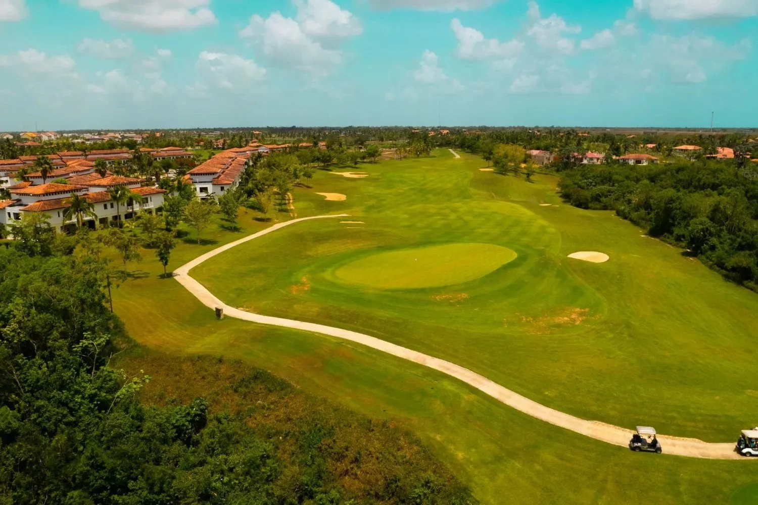 Vista aérea de un campo de golf con casas residenciales a un lado y un camino de carritos de golf.