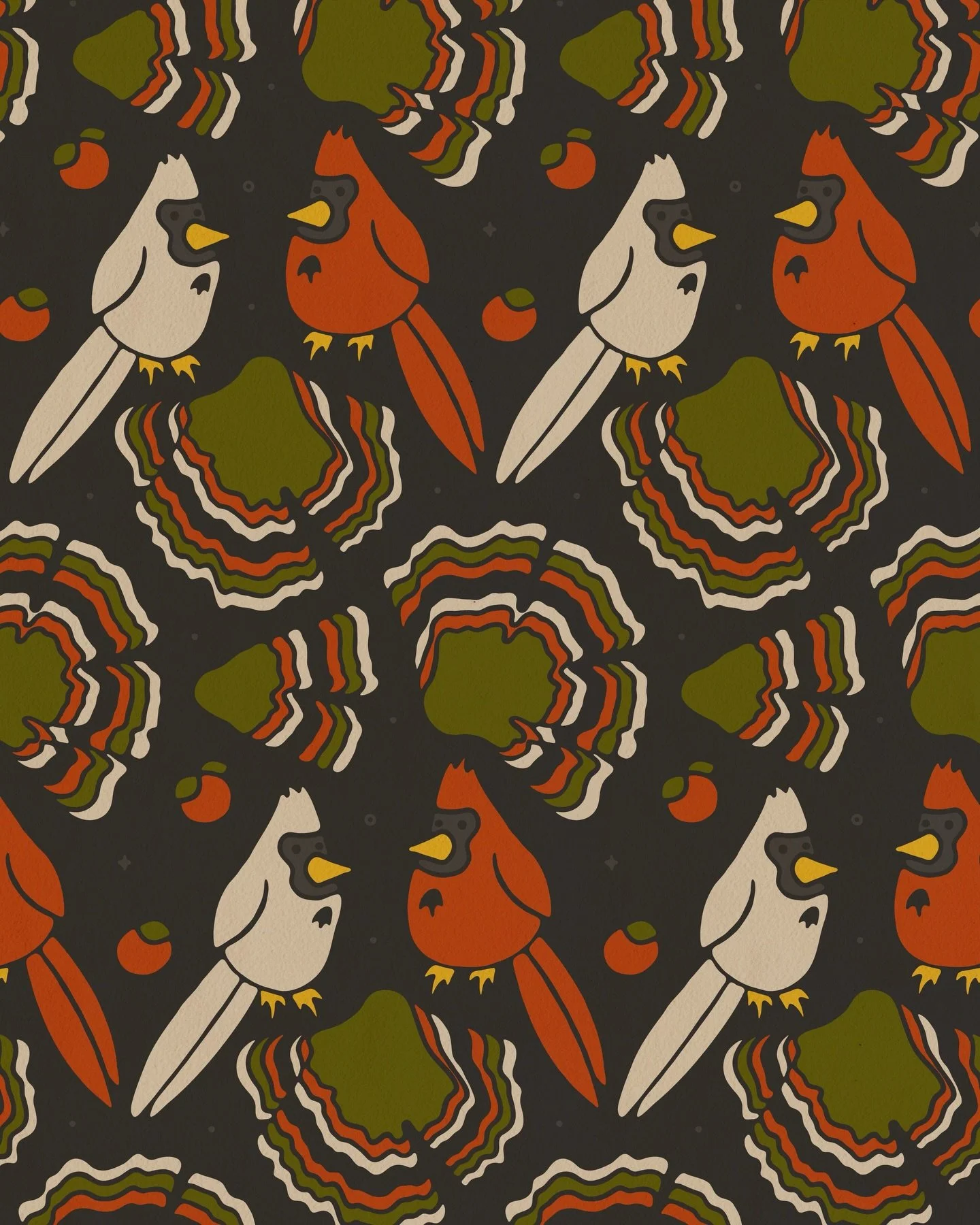 Days 7 &amp; 8 of @melanie.johnsson&rsquo;s Pattern Challenge. Took inspiration from the family of cardinals that frequent our backyard for today&rsquo;s prompt woodland. 🐦&zwj;⬛🍄&zwj;🟫

#thepatternchallengebymel #thepatternchallengebymelwinter26 