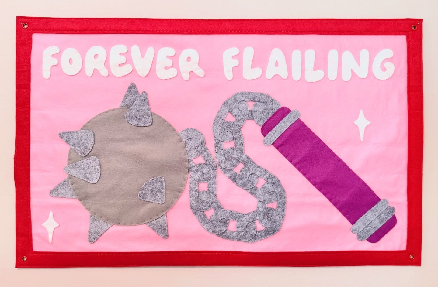 Finished up this big felt banner a few weeks ago! I&rsquo;ve kind of become obsessed with making them. 🫠🧵

#feltbanner #appliqu&eacute; #fiberart #fiberartist #foreverflailing