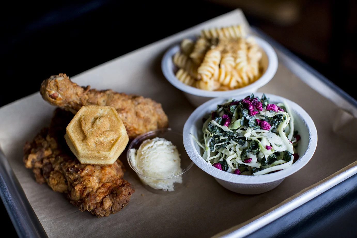 Food from HONEY BUTTER FRIED CHICKEN, one of the eateries featured in Kirouac's book