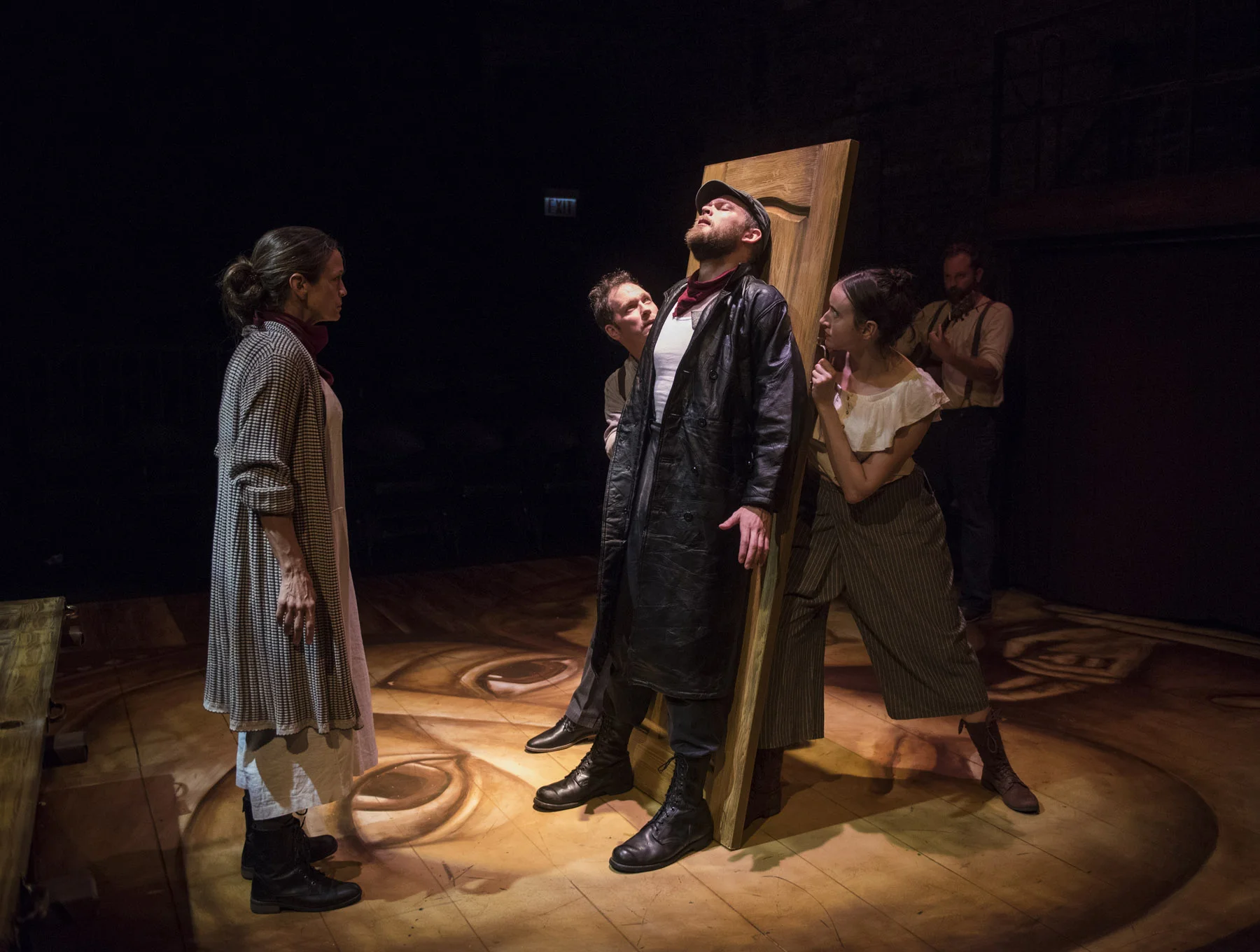 (left to right) Rebecca Jordan, Brad Woodard, Drew Schad, Christina Gorman and Joseph Wiens in Shattered Globe Theatre’s production of CRIME AND PUNISHMENT . Photo by Michael Brosilow.