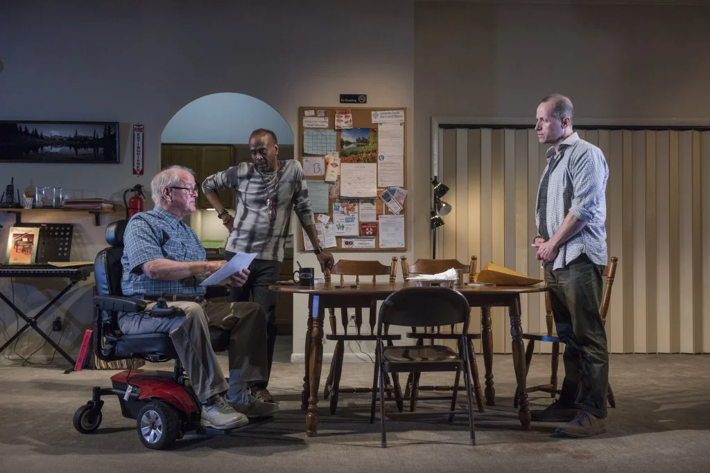 Pictured (L to R) ensemble members Francis Guinan, K. Todd Freeman and Tim Hopper in Steppenwolf’s world premiere production of DOWNSTATE. Photo by Michael Brosilow.