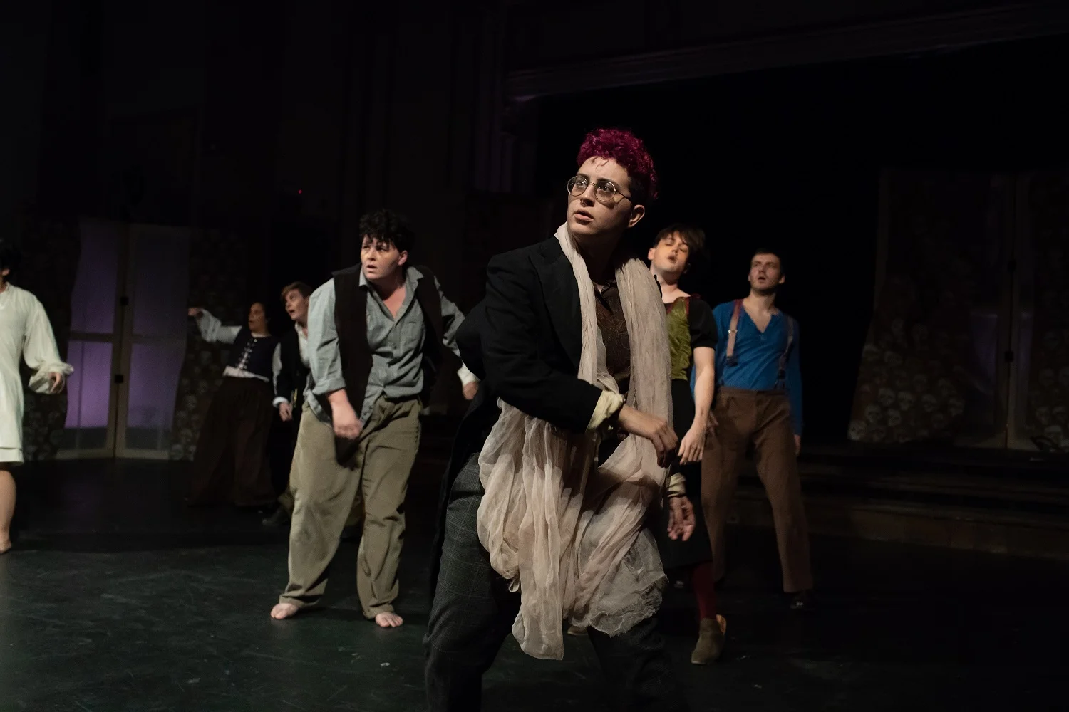 Emilie Modaff as Gui (center) with the cast of Les Innocents/The Innocents. Photo credit Sally Blood