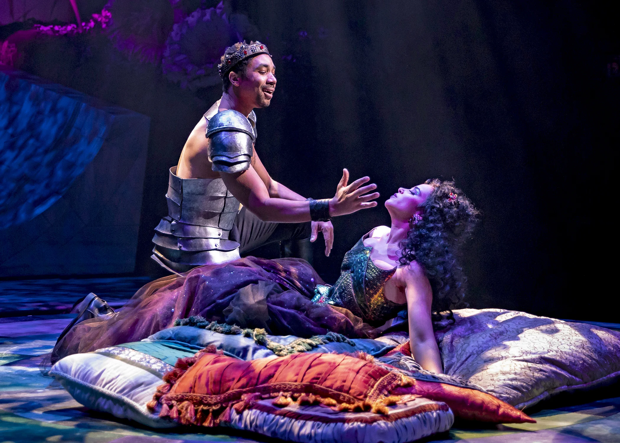 Oberon (Edward O'Blenis) enchants Titania (Alexandra Silber) with a love spell in Chicago Shakespeare Theater’s production of A Midsummer Night’s Dream ,. Photo by Liz Lauren.