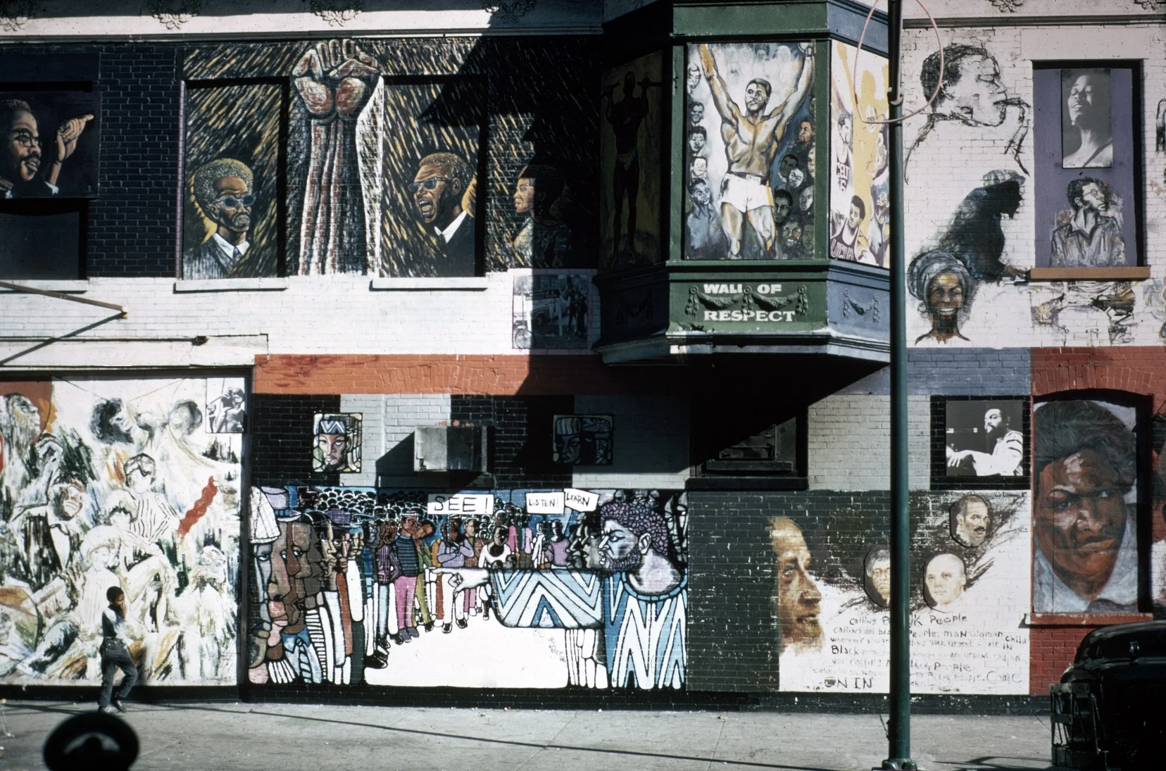 OBAC Visual Artists Workshop and others, Wall of Respect (detail showing Eda’s Black Power fist), 1968 (now destroyed). Photograph: Georg Stahl Mural Collection, University of Chicago Library