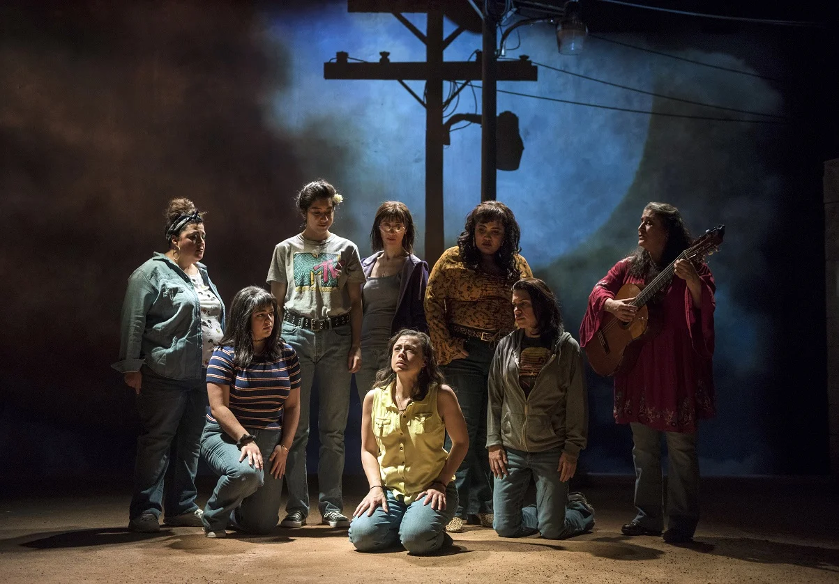 Pictured (Front, Left to Right) Isabella Gerasole (Women of Juarez), Sandra Delgado (Yoli) and Alice da Cunha (Women of Juarez); Pictured (Rear, L to R) Mari Marroquin (Zaide), Cher Álvarez (Brenda), Charín Alvarez (Marisela), ensemble member Karen Rodriguez (Ivonne) and Laura Crotte (Desamaya) in Steppenwolf’s LA RUTA. Photo credit Michael Brosilow