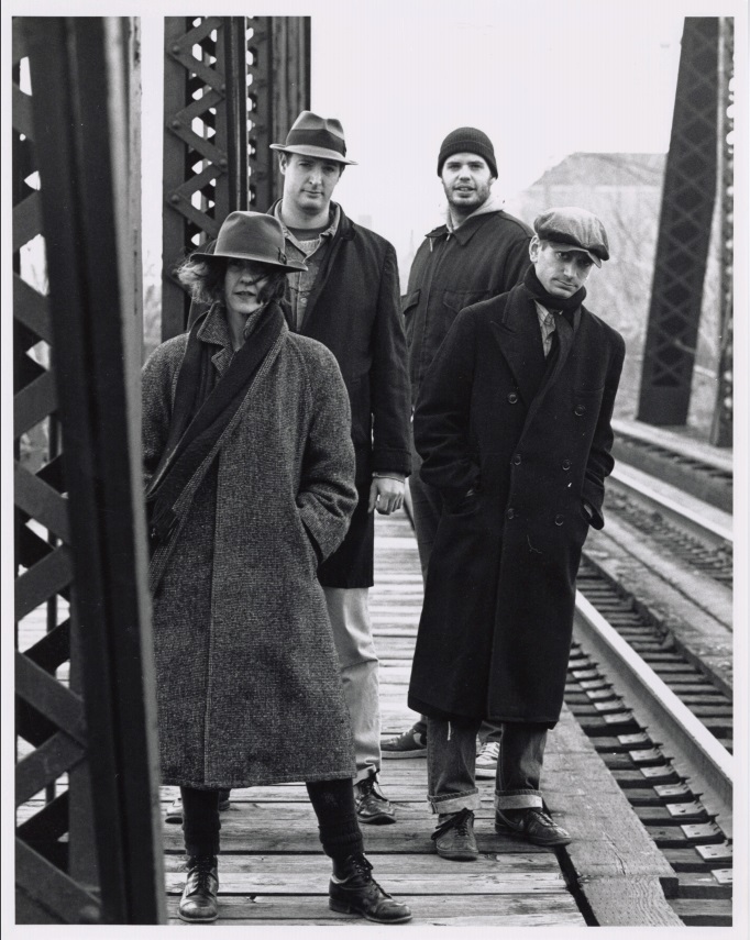 Promo photo of Goat Island. Lin Hixson, Timothy Mc Cain, Greg McCain, Matthew Goulish, photo credit: Tony, 1988. Goat Island Archive, Library and Special Collections, The School of The Art Institute of Chicago.