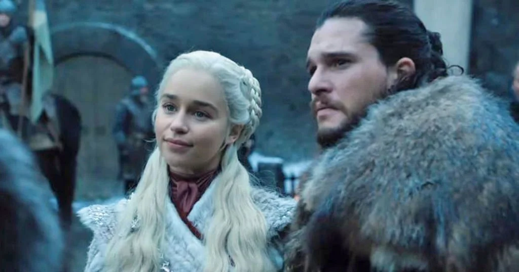 Emilia Clarke as Daenerys Targaryen and Kit Harington as Jon Snow