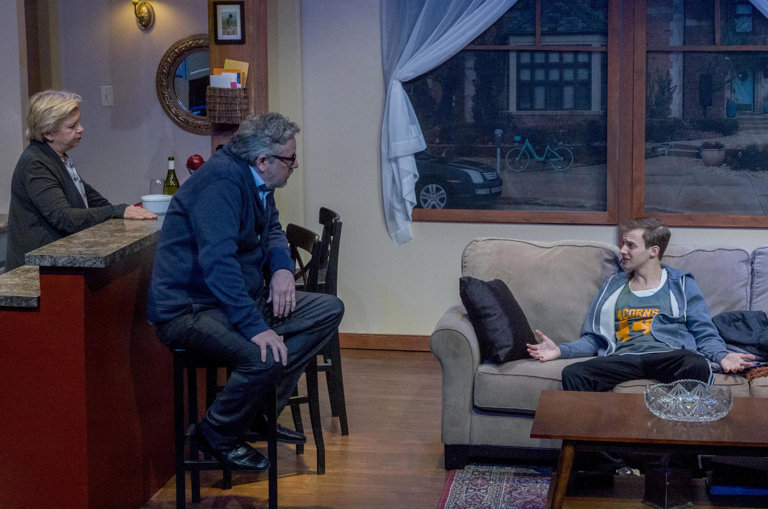 Meighan Gerachis, Stephen Walker, and Kyle Curry in ADMISSIONS. Photo credit: Charles Osgood