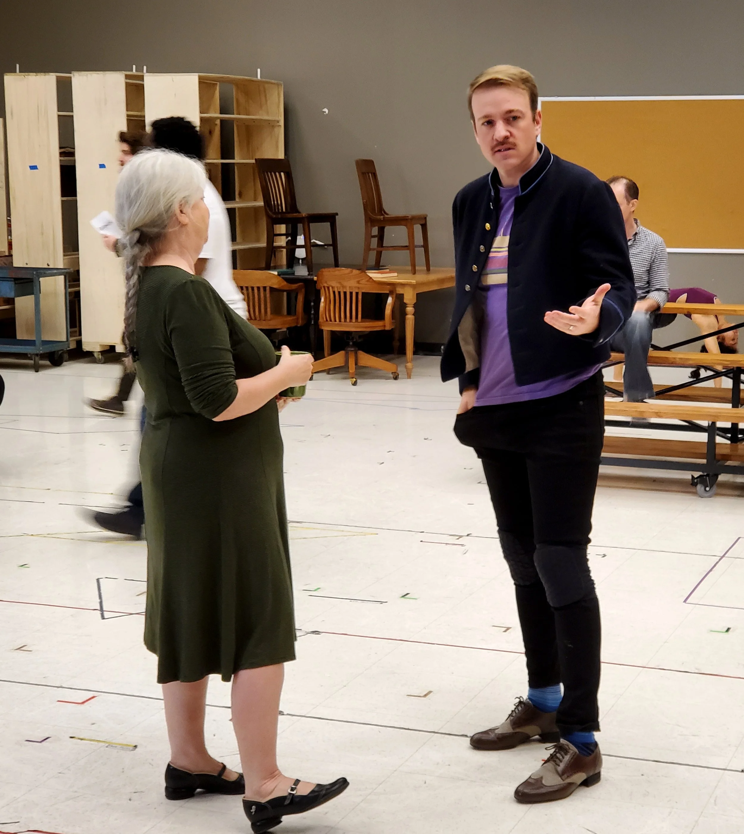 Director Mary Zimmerman talking to actor Geoff Packard during a recent rehearsal of THE MUSIC MAN.