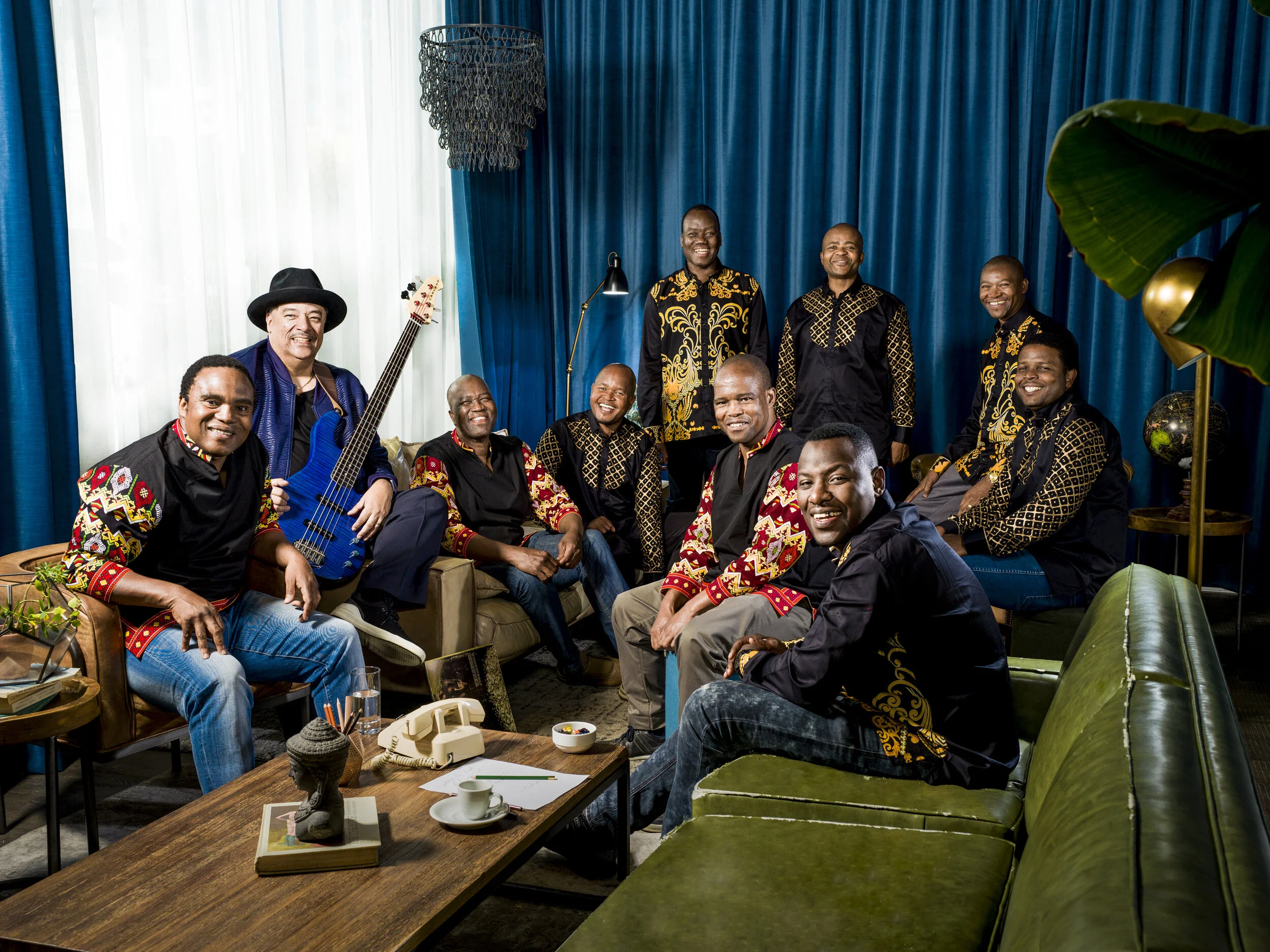 Ladysmith Black Mambazo with Chicago musician Frank Russell after a LINDIWE rehearsal. Photo credit: Frank Ishman.