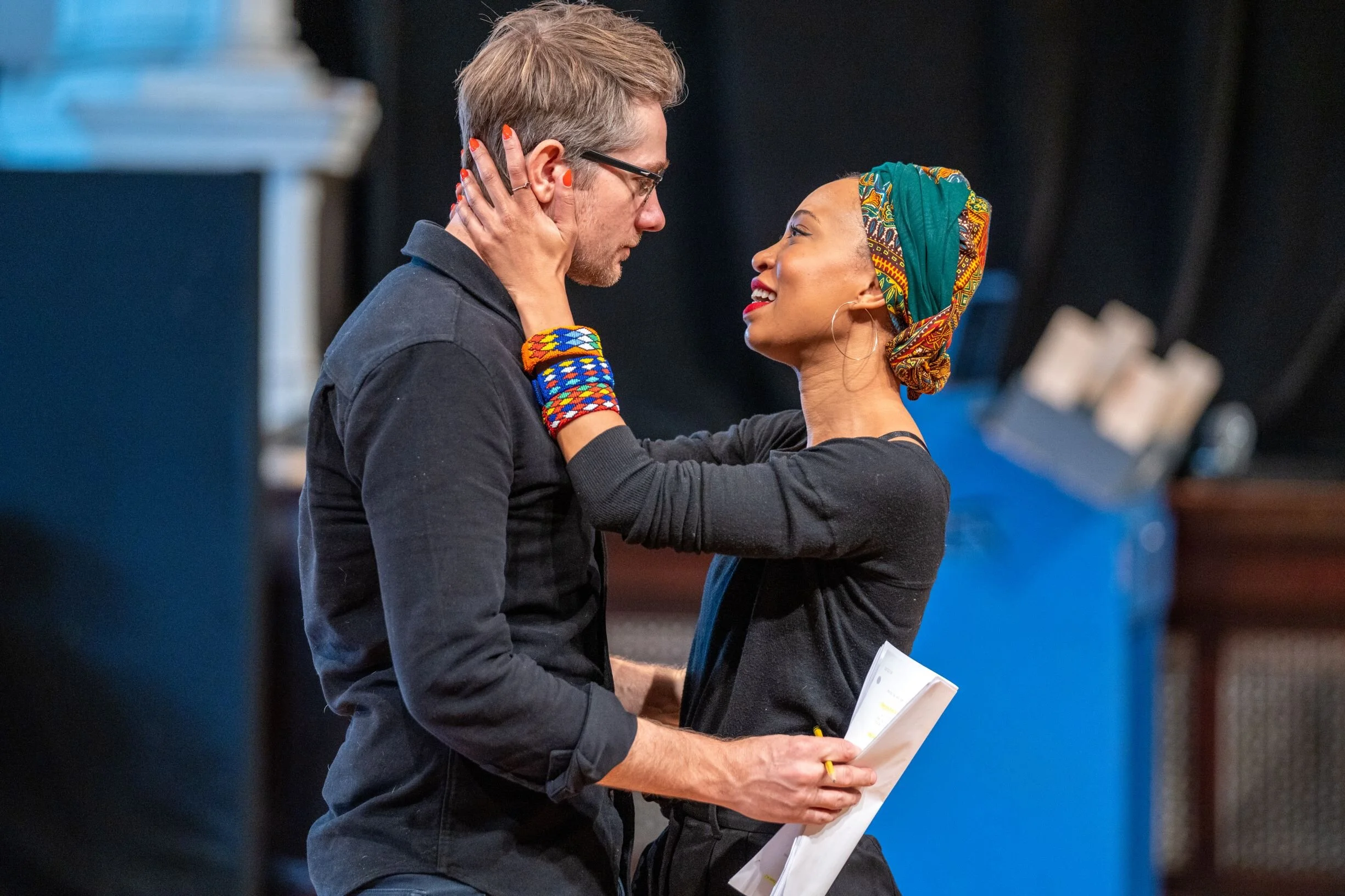 Erik Hellman (Adam) and Nondumiso Tembe (Lindiwe) in rehearsal for Steppenwolf’s LINDIWE. Photo credit: Lowell Thomas