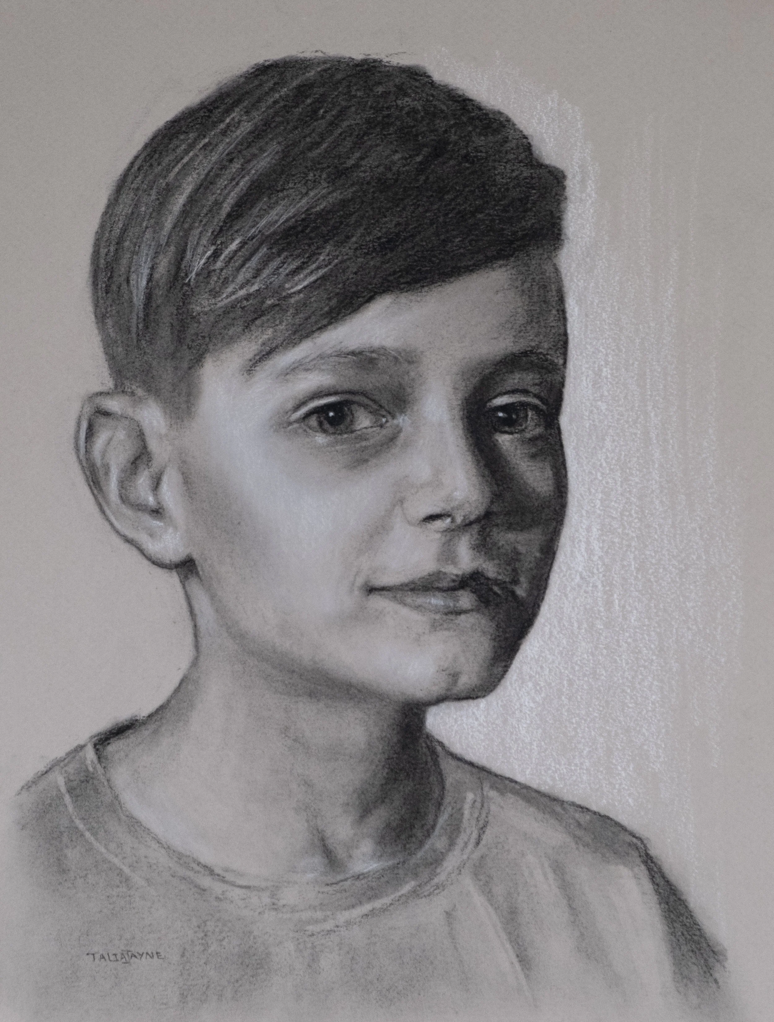 Charcoal and white chalk portrait drawing on toned paper.