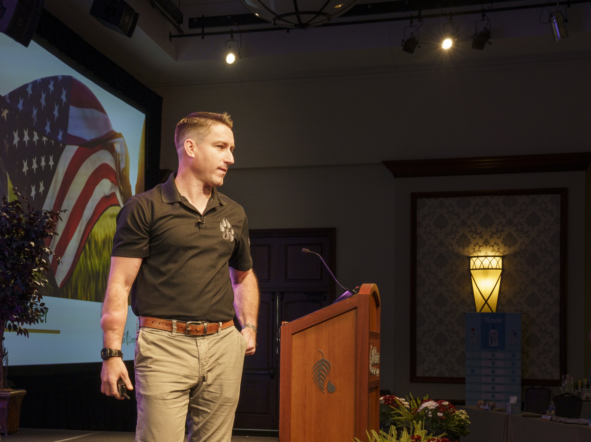 Sgt. Alfred Brenner speaking at Melaleuca Headquarters for Leadership Event