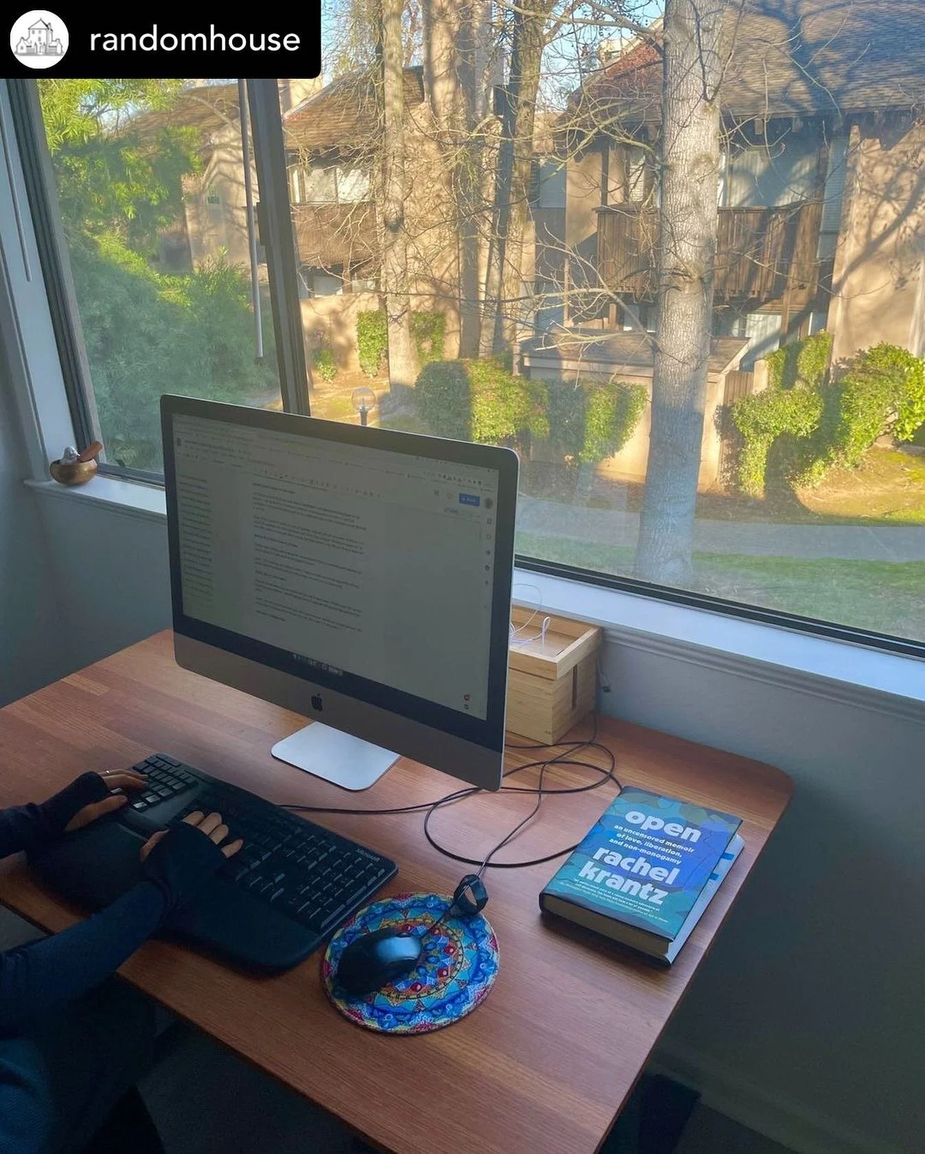 ***Repost @randomhouse*** Today&rsquo;s #Writers Routine is with @rachelkrantz. Her memoir, OPEN, comes out on Tuesday!

I write at my adjustable sitting/standing desk, on a desktop with a big monitor. I tend to move once a year to a new spot, but my