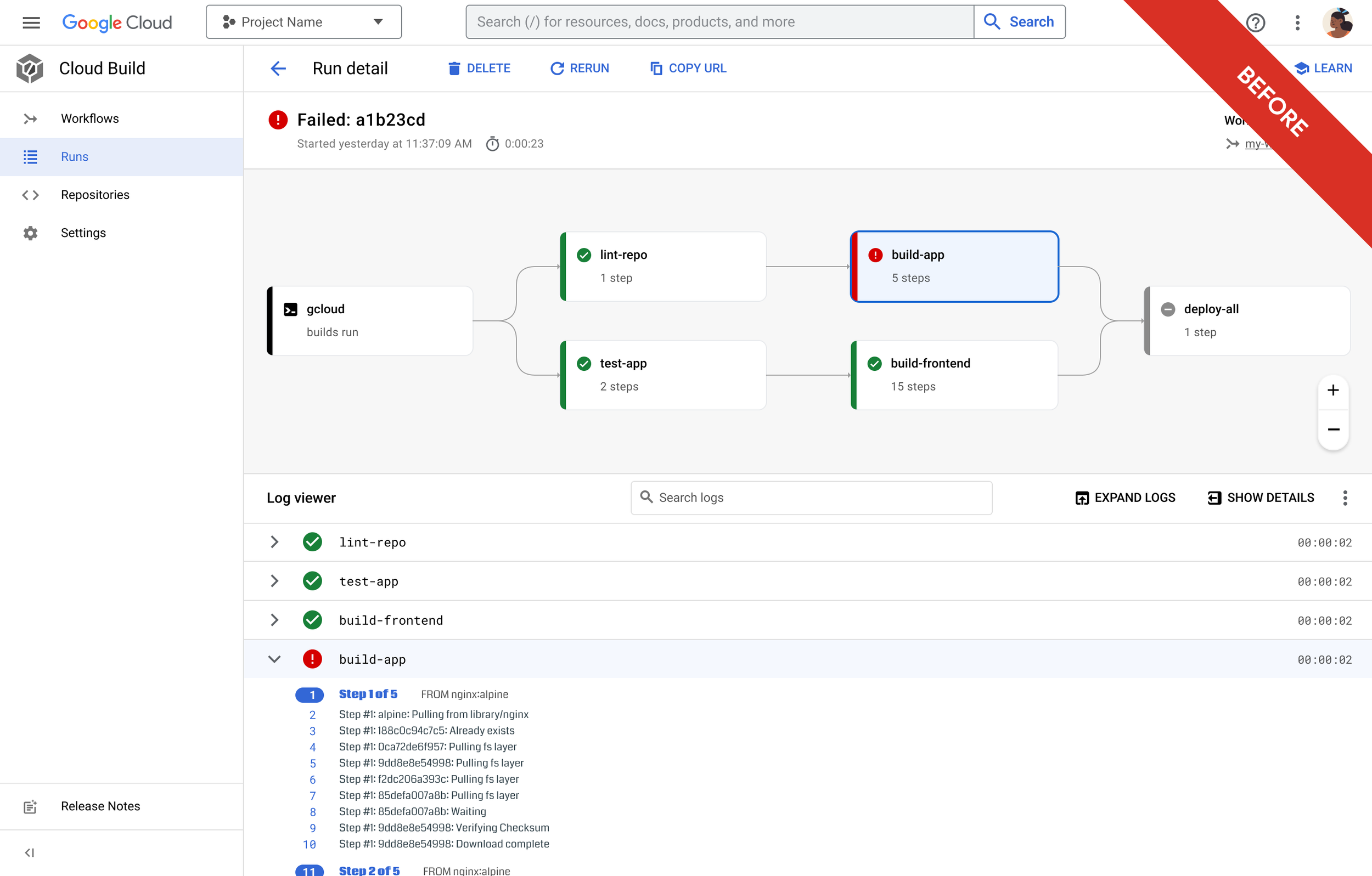 Before version of the run detail page