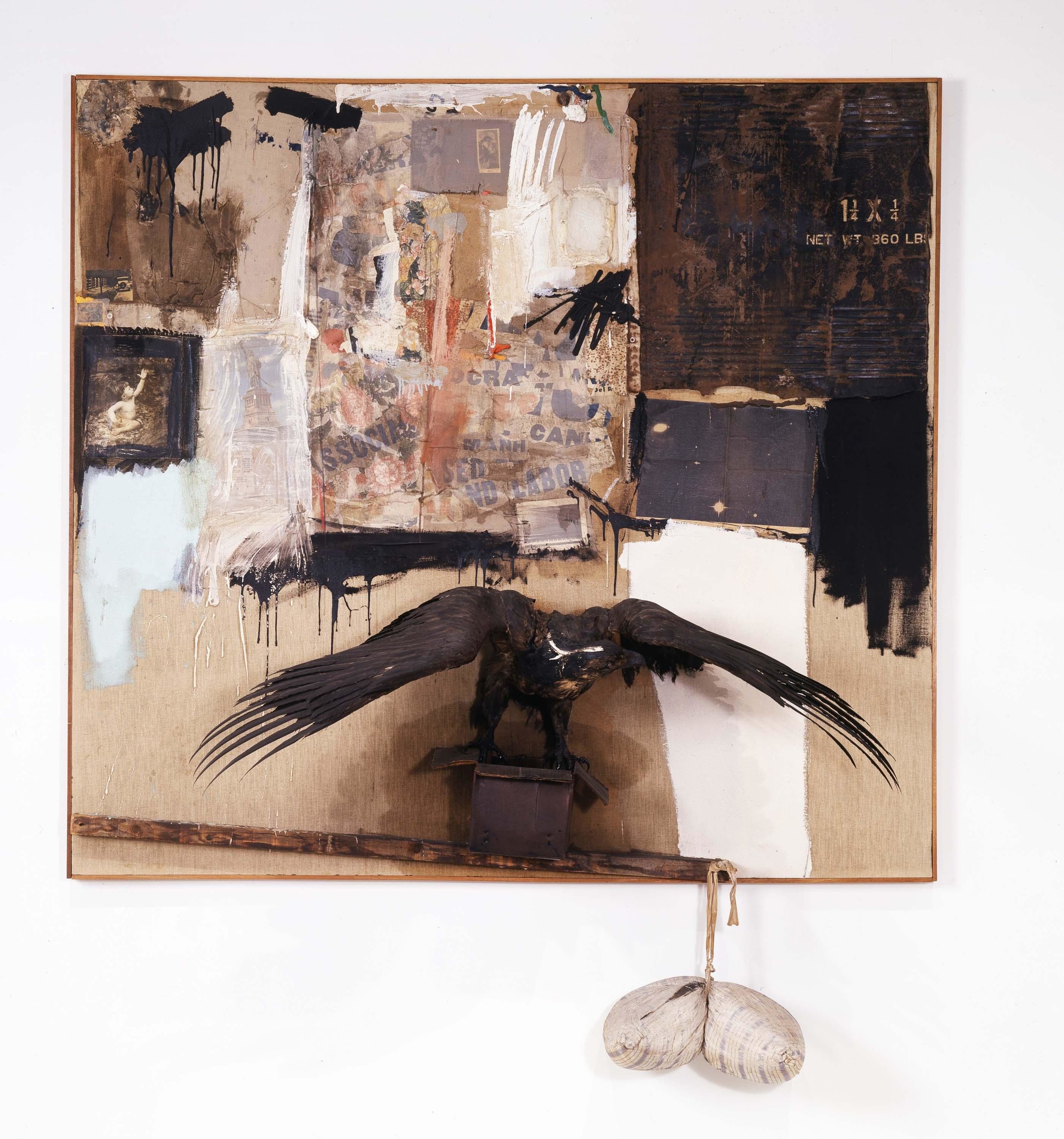 Robert Rauschenberg, Canyon, 1959, Combine: oil, pencil, paper, fabric, metal, cardboard box, printed paper, printed reproductions, photograph, wood, paint tube, and mirror on canvas with oil on bald eagle, string, and pillow, 81 3/4 x 70 x 24 inches, (207.6 x 177.8 x 61 cm), The Museum of Modern Art, New York, Gift of the family of Ileana Sonnabend. RRF 59.008.