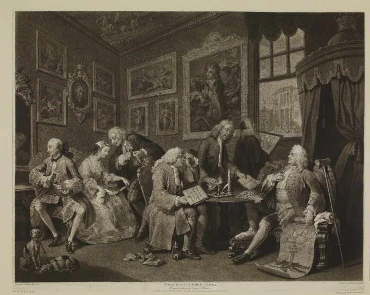 Richard Earlom after William Hogarth, Marriage à la Mode Plate 1, The Marriage Settlement, 1795, mezzotint, 48.8 x 60.6 cm, The British Museum.