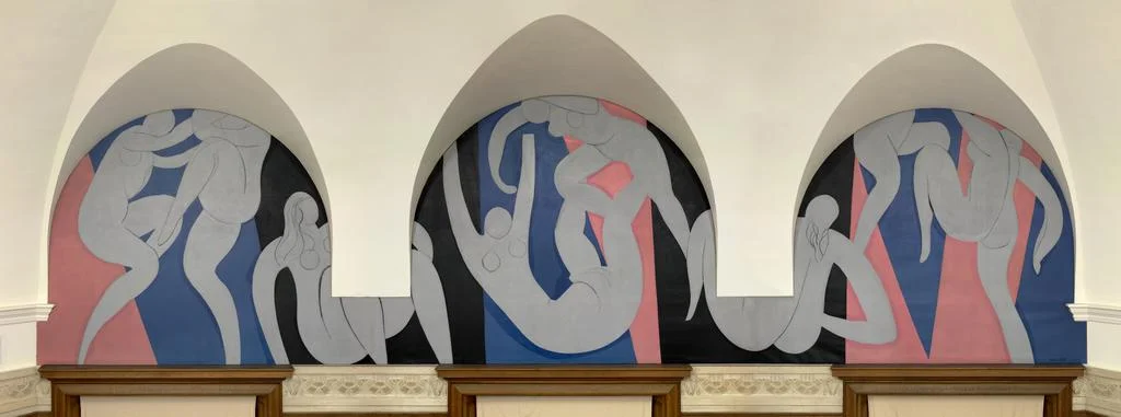 Henri Matisse, The Dance, 1932-1933, oil on canvas; three panels, overall (left): 133 3/4 x 173 3/4 in. (339.7 x 441.3 cm)Overall (center): 140 1/8 x 198 1/8 in. (355.9 x 503.2 cm)Overall (right): 133 3/8 x 173 in. (338.8 x 439.4 cm), The Barnes Foundation, 2001.25.50a,b,c, ©2019 Succession H. Matisse / Artists Rights Society (ARS), New York.