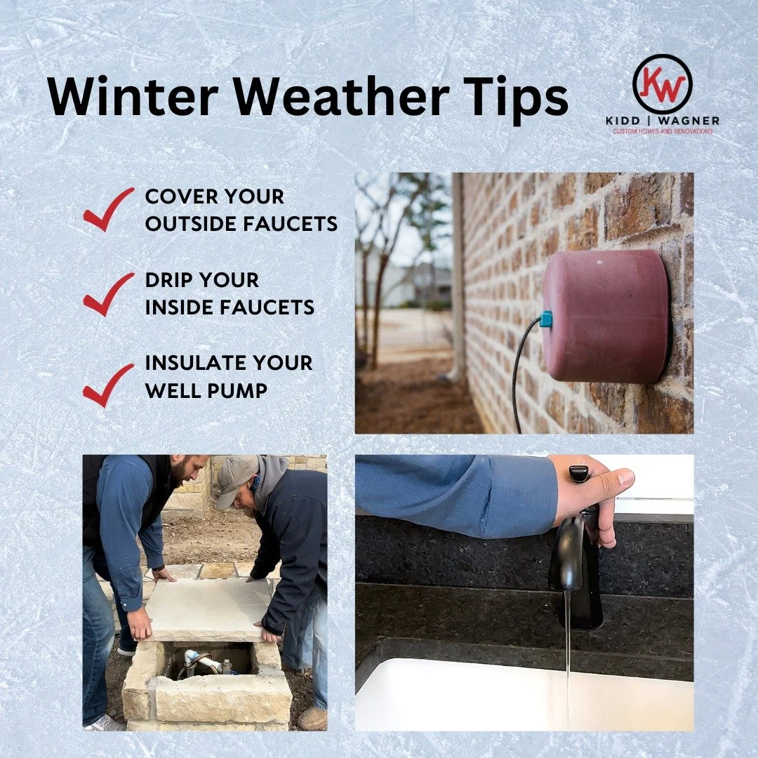 Get ready for the colder temps coming this weekend - here are some tips to keep your home safe. 
 #weatherfordtx #CustomHomeBuilder #winterweathertips #winterize