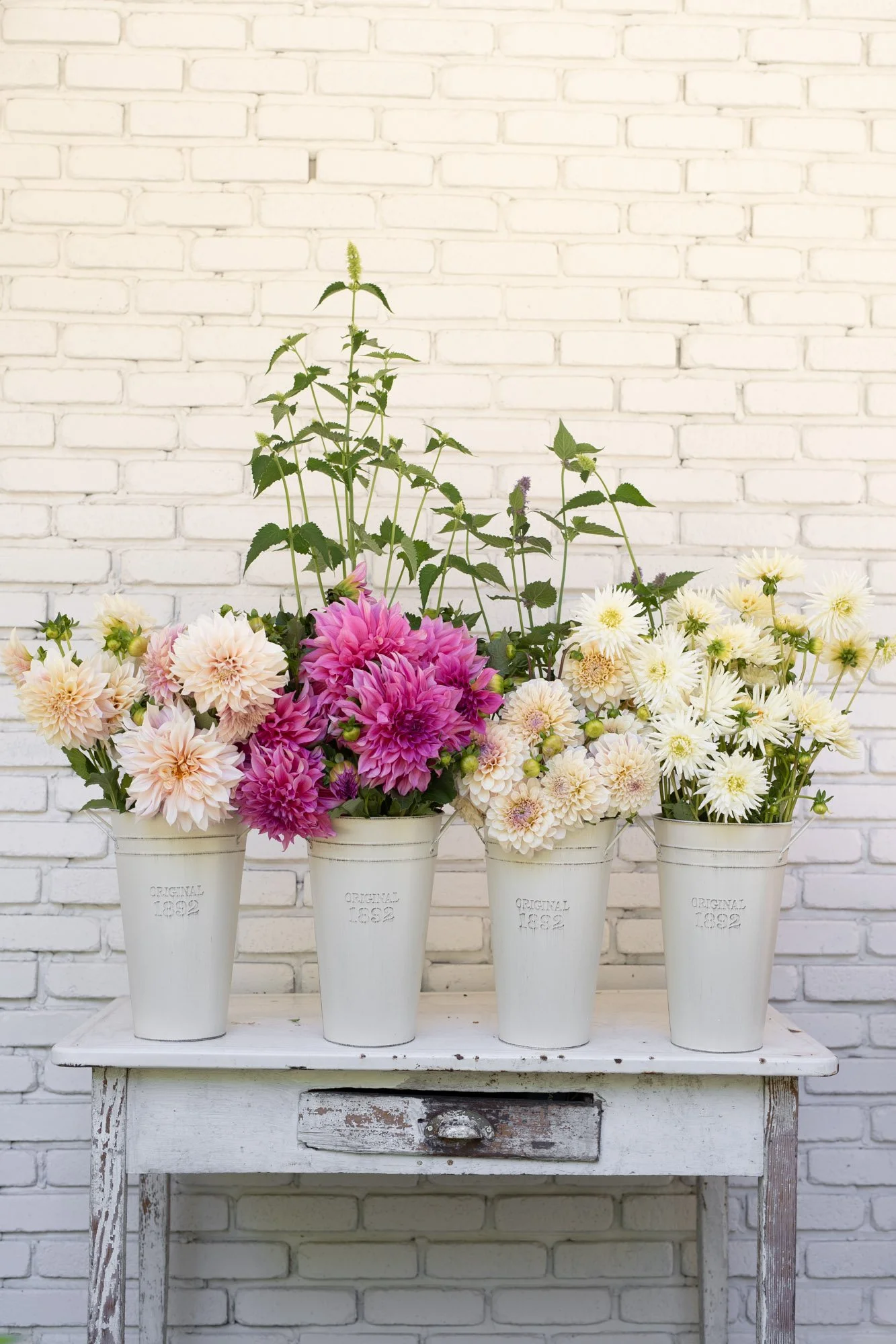 Four buckets of pink, cream, and white garden flowers against a white brick wall.