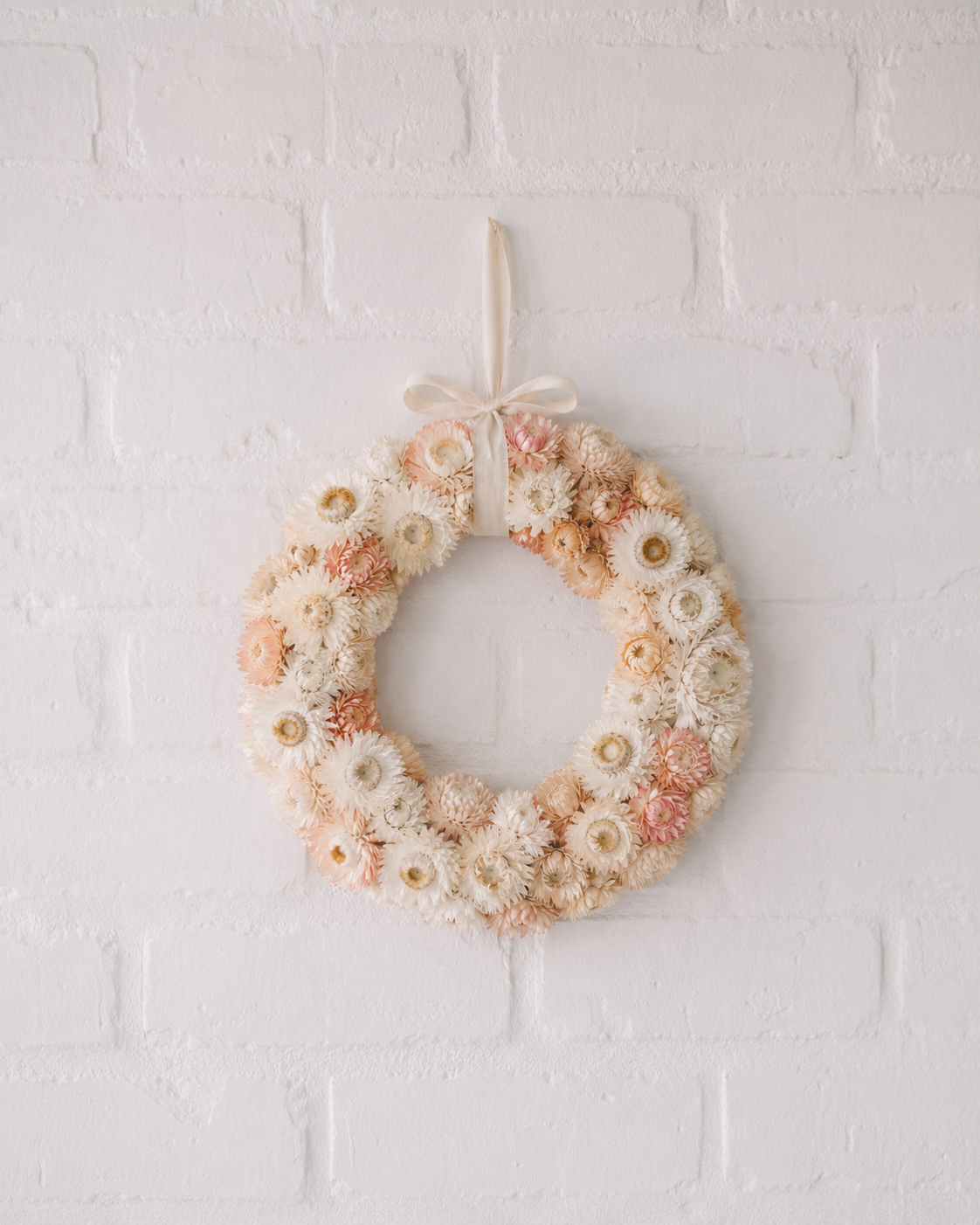 Petite dried strawflower wreath in apricot, cream and soft blush with velvet ribbon.