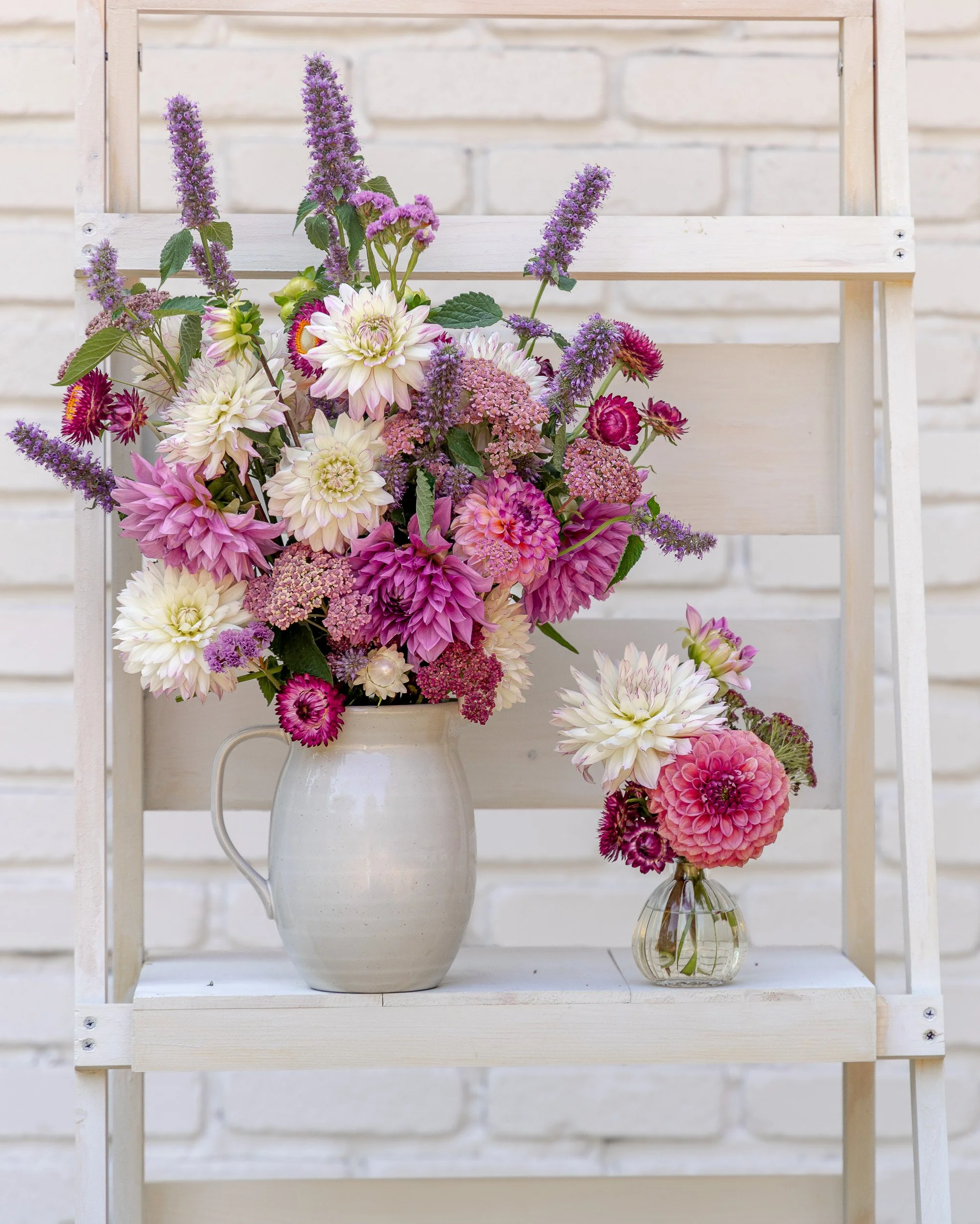 Blush, lavender and purple dahlia bouquet with agastache and textural late-summer flowers from the White Brick garden.