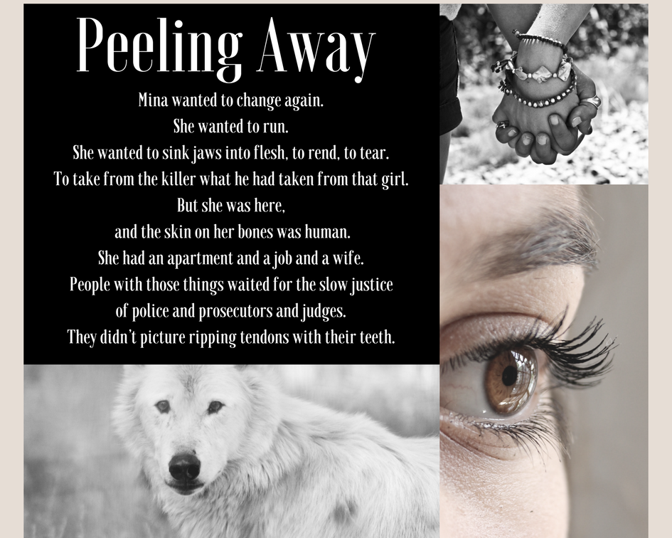 A mood board featuring images of a wolf, a woman's face, and clasped hands.