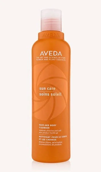 SUN CARE | HAIR AND BODY CLEANSER After hitting the beach and pool water you will more than likely have a salty coating on your skin and hair that you’re ready to cleanse off. Aveda Sun Care Hair and Body cleanser is here to help. This color safe formulated cleanser gently removes chlorine, salt and product residue.