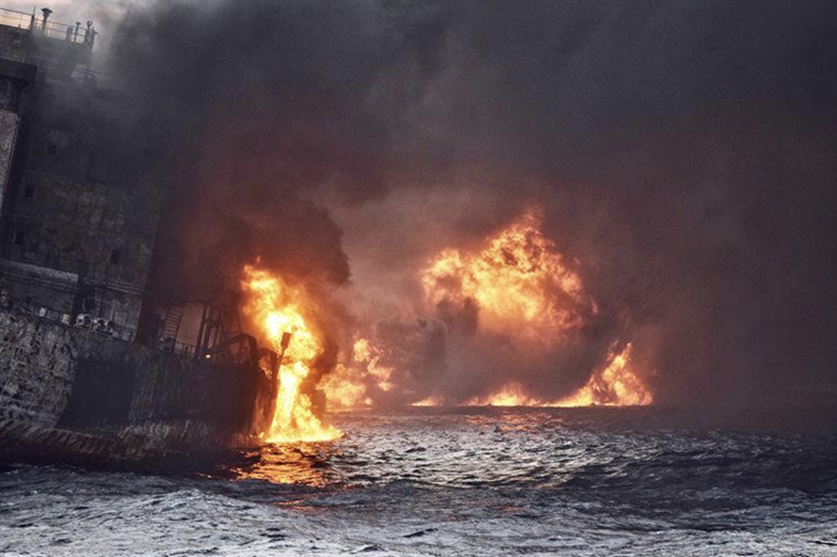 Flames envelop the Sanchi oil tanker on Jan 13. (Source: China Daily via Reuters)