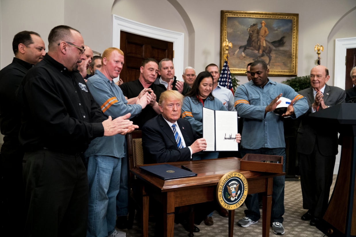 President Trump confirms the imposition of tariffs on steel and aluminum imports Source https://www.nytimes.com/2018/03/08/us/politics/trump-tariff-announcement.html