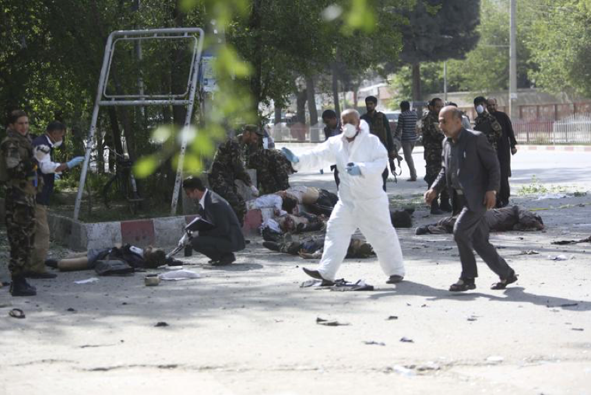 (Victims following the second blast in Kabul that targeted journalists and medical workers on Monday morning ; Credit: The Brownsville Herald, April 30th, 2018).