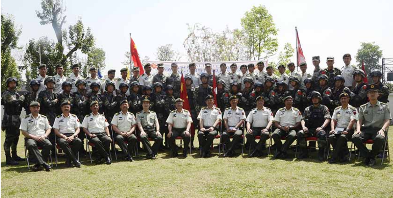 Nepalese and Chinese soldiers pose for a photograph during the 2017 edition of Sagarmatha Friendship Military Exercise. Photo: Nepal Army; The Himalayan