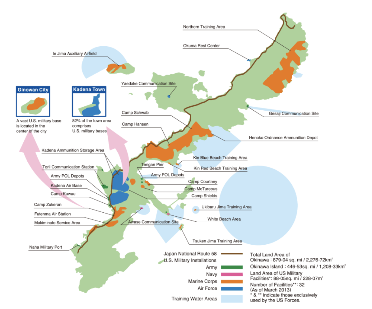 A map of Okinawa island depicting the various US military bases scattered across the island. Credit: Okinawa Prefectural Government, Washington D.C. Office