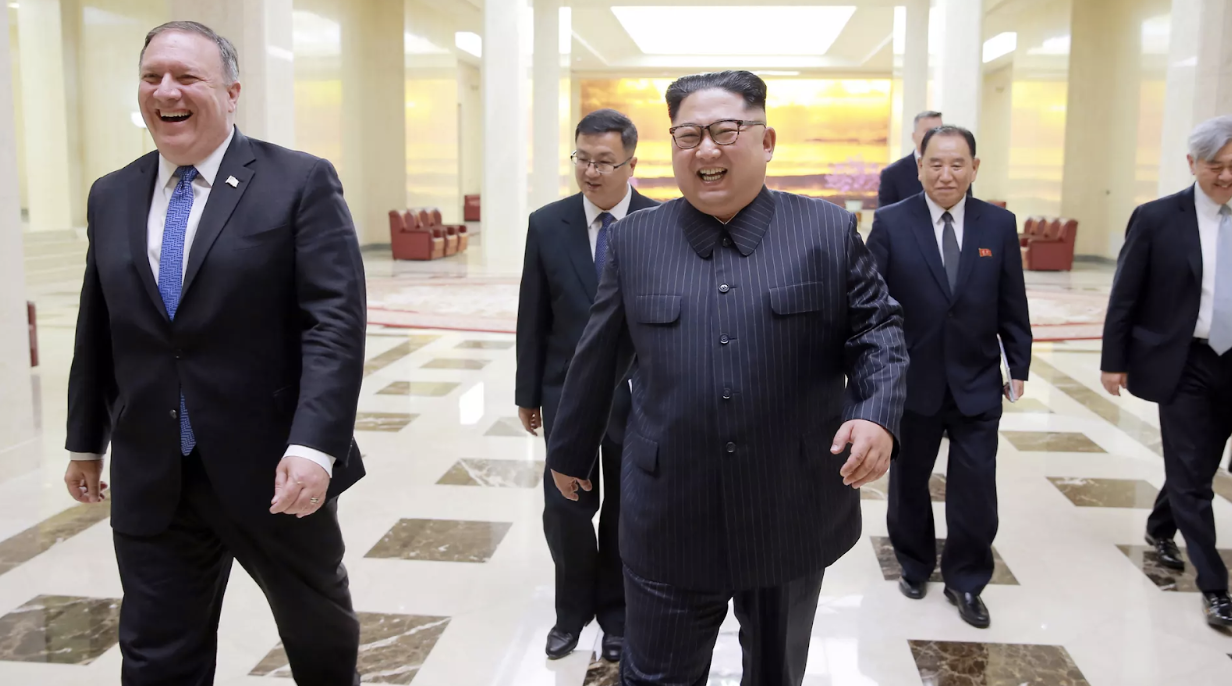 US Secretary of State Mike Pompeo (left) walking alongside DPRK Chairman Kim Jong-un in a May 2018 meeting in Pyongyang. Credit: KCNA/EPA