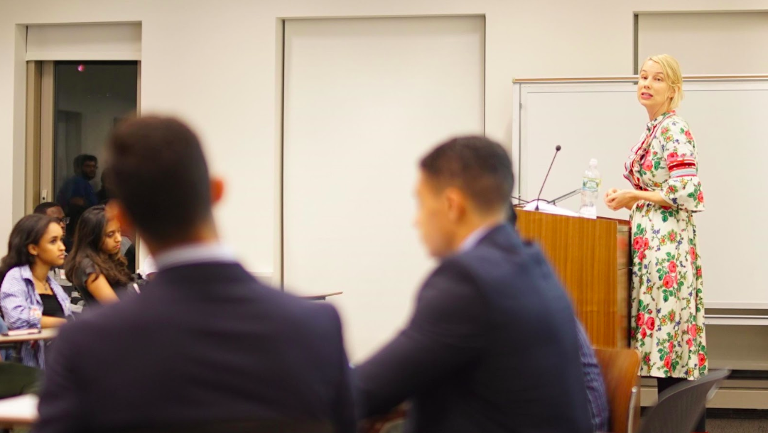 Elisabeth Neugebauer, Deputy Special Representative of INTERPOL to the UN, speaks to NYU students about INTERPOL and its role in the UN Photo: NYU UN Initiative/Russell Posner