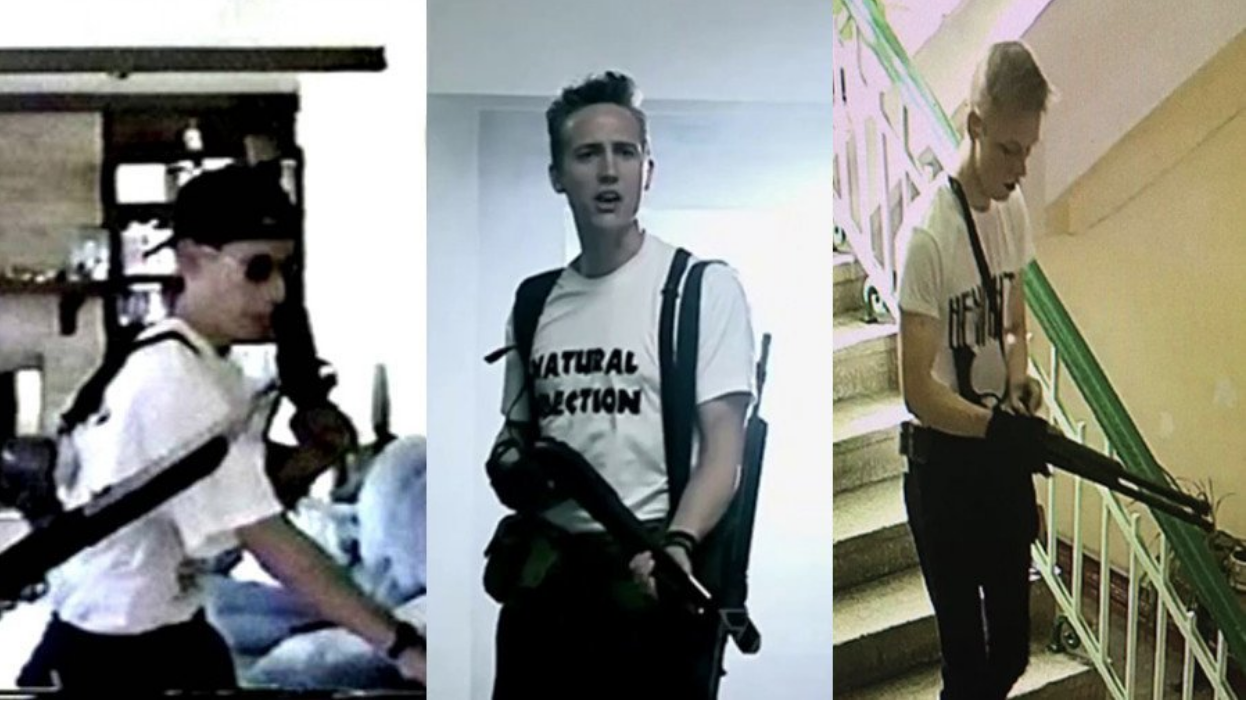 RT, a news outlet sponsored by Moscow, shared this picture on Twitter to display the physical similarities between the Crimean and Columbine school shooters. Credit: RT