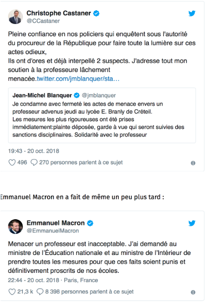 Interior Minister Christophe Castaner and President Emmanuel Macron both condemned the incident in tweets. Photo: Twitter/ Résistance Républicaine