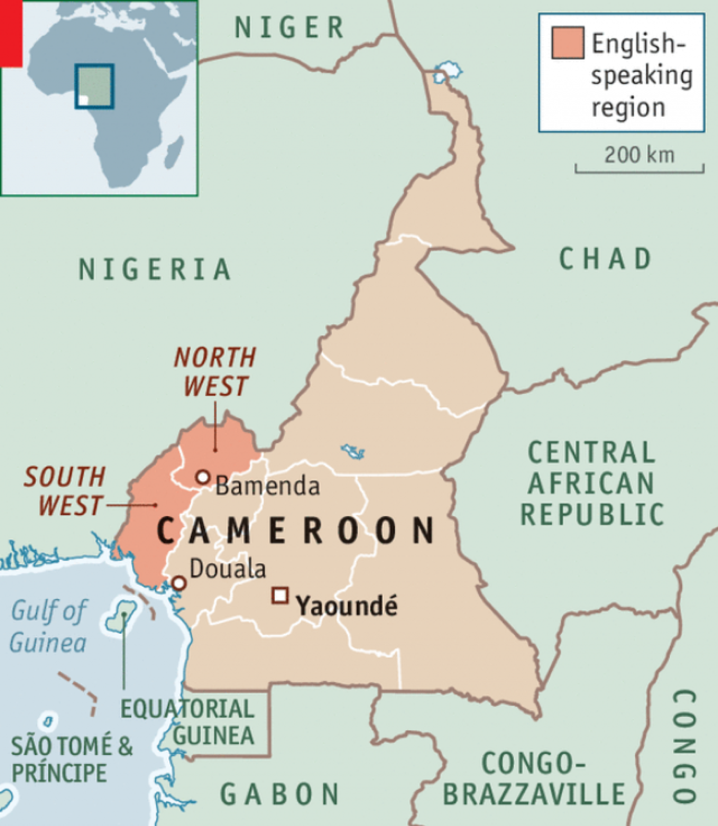 A map of Cameroon’s different provinces highlighting the two English-speaking provinces in the North and South West. Photo: Economist.com/ The Economist.