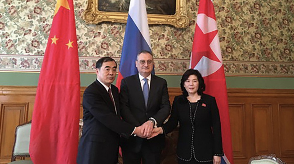 Chinese foreign affairs vice-minister Kong Xuanyou (left), Russian deputy foreign minister Igor Morgulov (center), and North Korean foreign affairs vice-minister Choe Son-hui (right) meet in Moscow on Oct. 10, 2018. Credit: South China Morning Post .