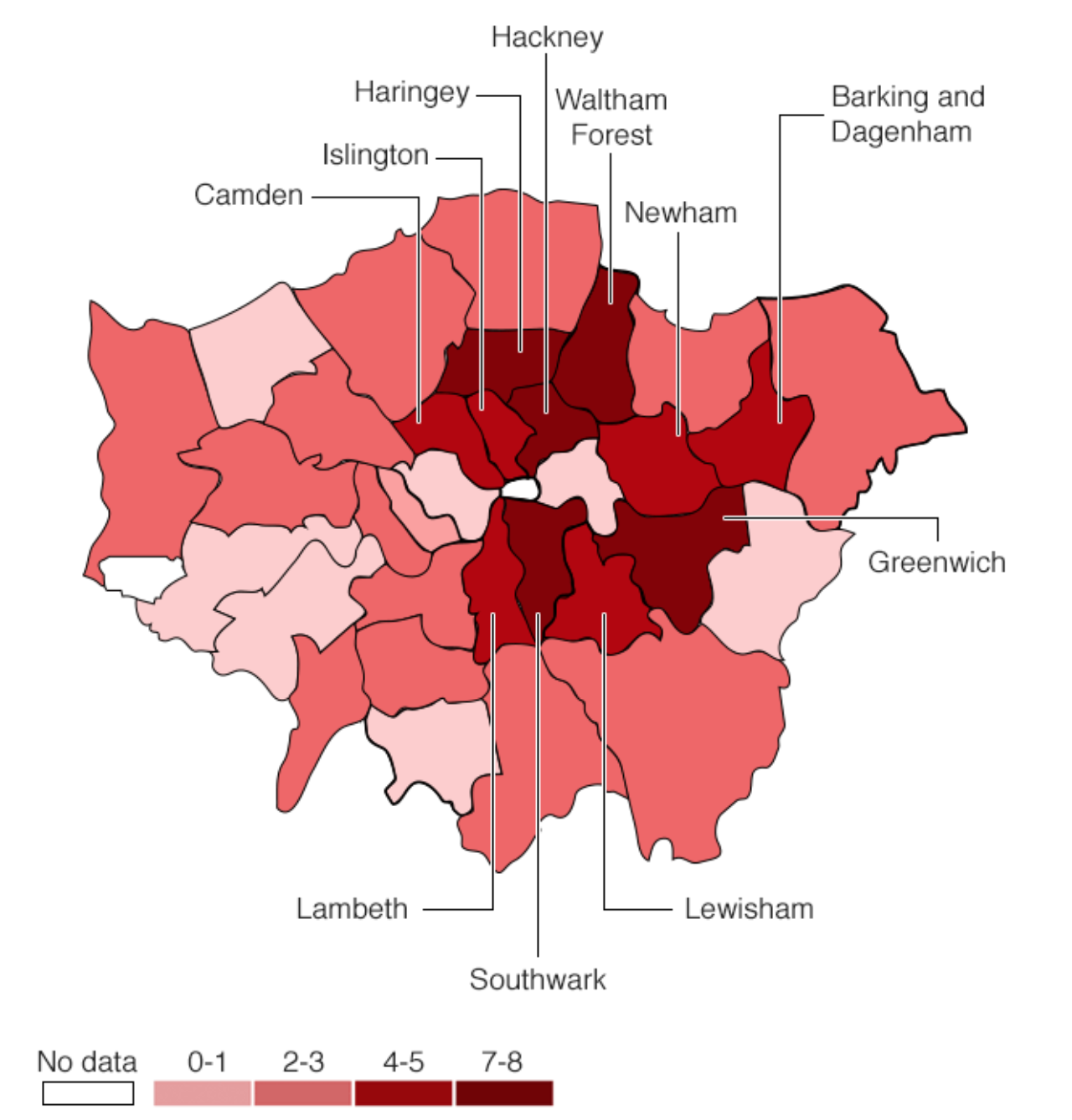 Number of murders in different London boroughs from Jan to Sept 2018. Source: Met Police