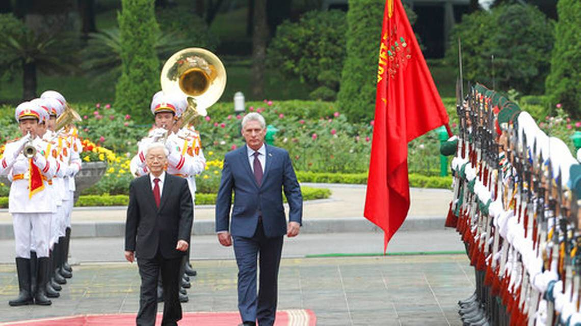 Vietnamese President Nguyen Phu Trong, left and Cuban President Miguel Diaz-Canel, Friday, Nov. 9, 2018. Diaz-Canel is on a three-day visit to Vietnam to boost ties as part of his first international tour. Credit: The Wichita Eagle