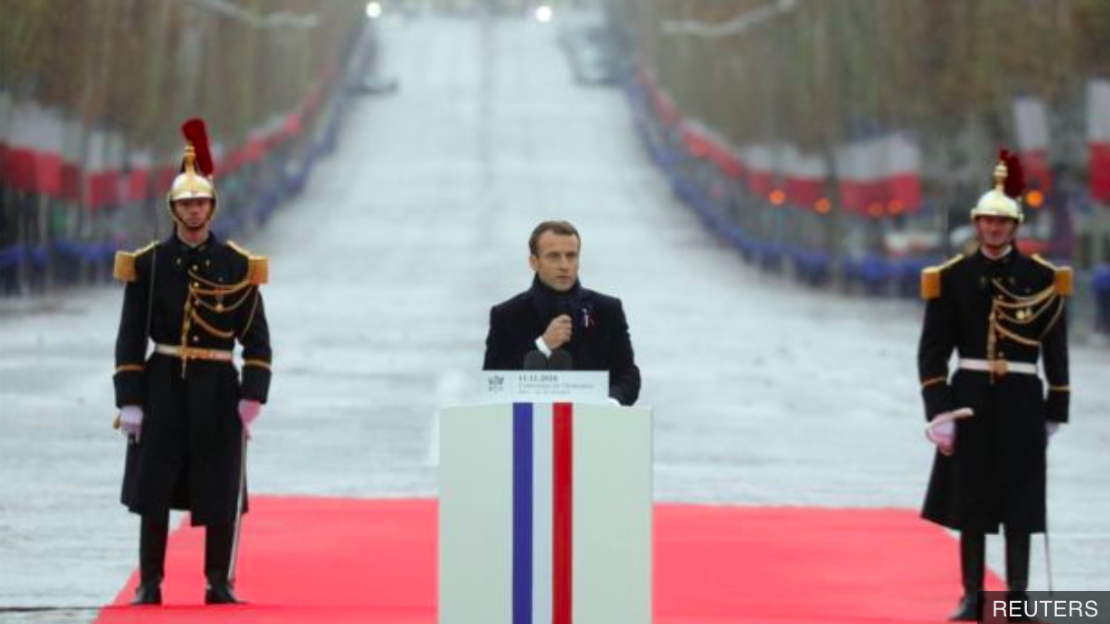 President Macron delivering his Armistice Day speech at the Champs Elysées. Source: Reuters