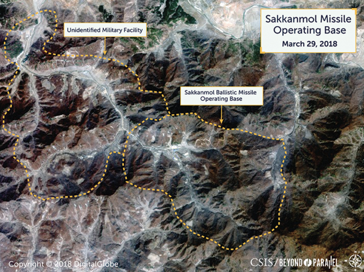 Satellite image, dated Mar. 29, 2018, of Sakkanmol Missile Operating Base and an adjacent unknown military facility in North Hwanghae province, North Korea, roughly 85 kilometers (53 miles) north of the Demilitarized Zone. Credit: Beyond Parallel/Center for Strategic and International Studies