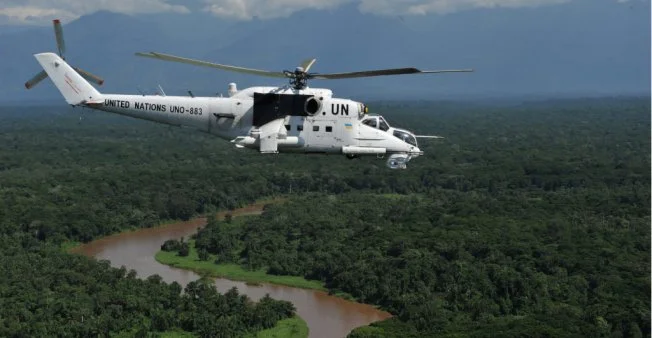 A UN helicopter flies over the DRC near Beni Photo: Oleksandr Klymenko/Reuters