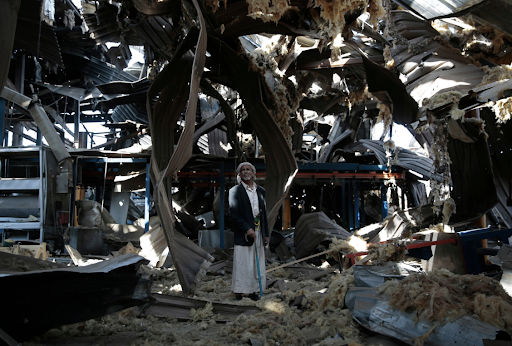 The remnants of a factory in Sanaa, Yemen; one of many buildings and infrastructures destroyed in the Yemeni civil war. Credit: Hani Mohammed/Associated Press