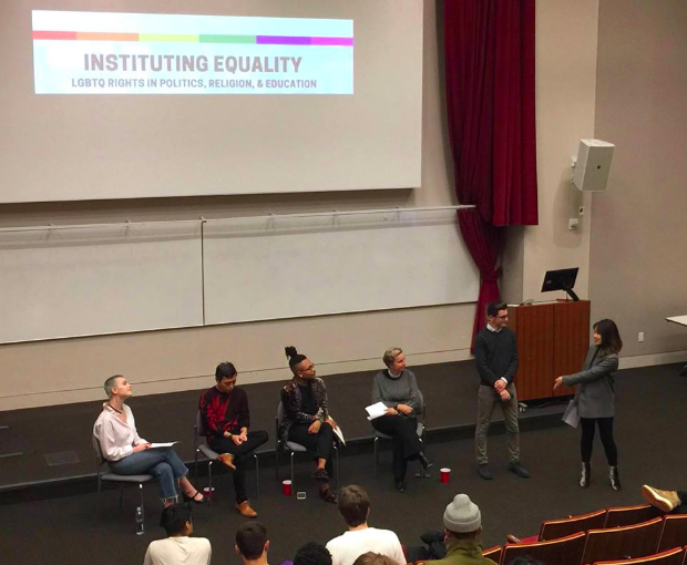 (From left to right) Facilitate Equity Co-founder Kirra Klein, Alfonso Nam, Christopher Griffin, Reverend Mary Cat Young, NYU College Democrats Secretary Arman Becan, and International Relations Society President Xiying Huangfu Photo: Facilitate Equity