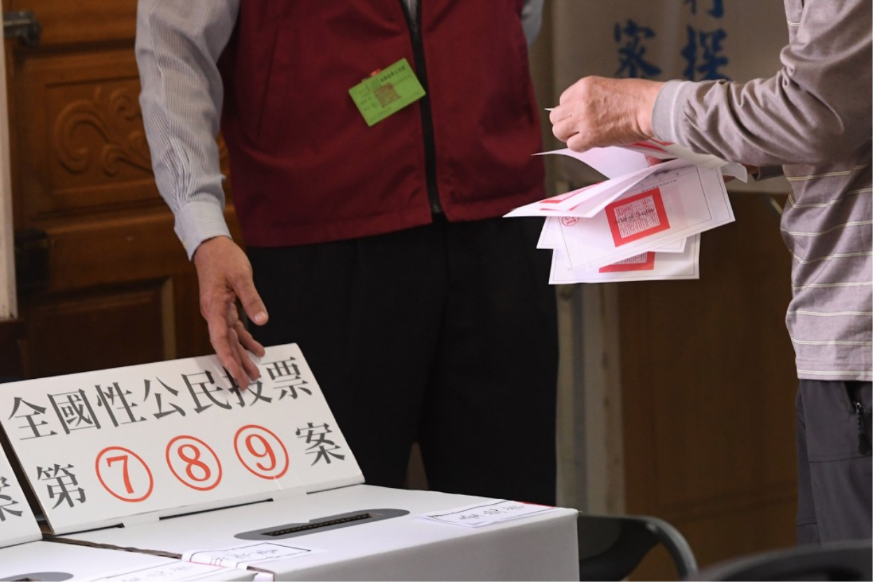 A photograph of ballot boxes for referendum questions 7, 8, and 9 at an election station. Credit: Central News Agency