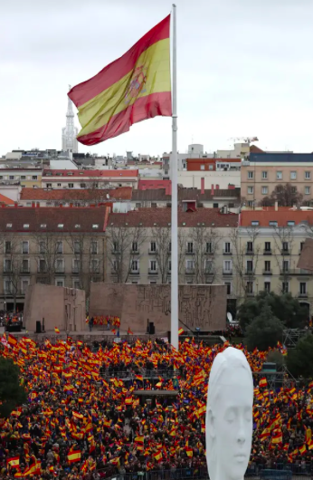 Thousands of citizens gathered in Madrid’s Plaza de Colon on Sunday to protest Sanchez’s approach to the Catalan independence crisis. Photo: Reuters