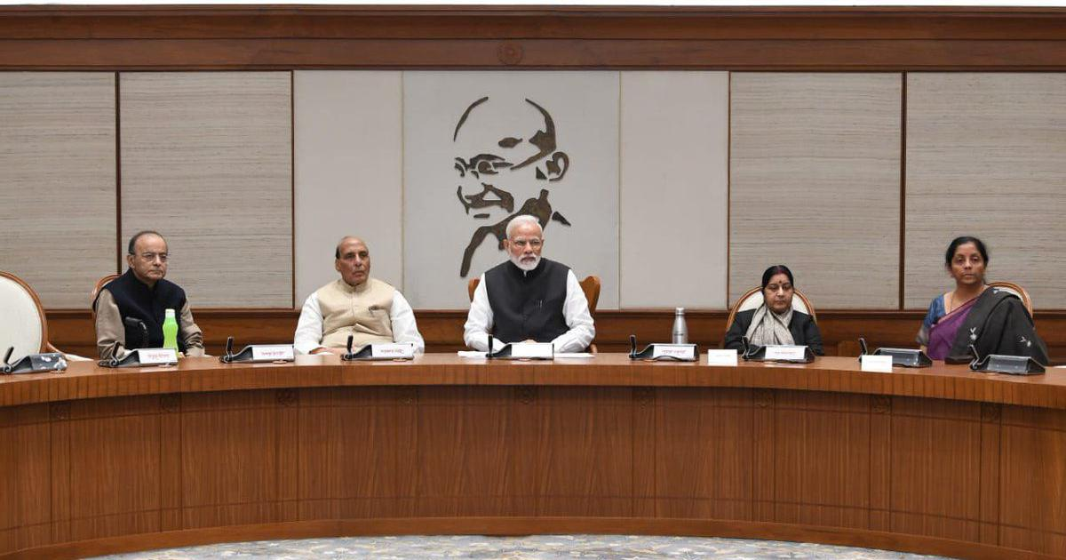 The Cabinet Committee on Security convened to discuss the Government's response to the Pulwama Attack on Friday, Feb. 15. Sitting from left to right: Finance Minister Arun Jaitley, Home Minister Rajnath Singh, Prime Minister Narendra Modi, Minister of External Affairs Sushma Swaraj and Minister of Defense Nirmala Sitharaman. Credit: PIB India/Twitter